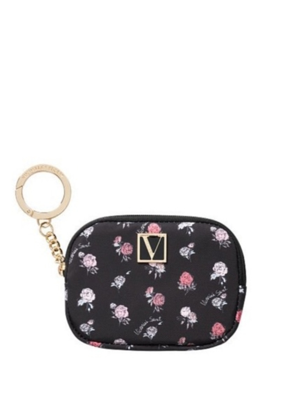 Victoria's Secret black floral zip coin purse "V" logo plaque attached key ring